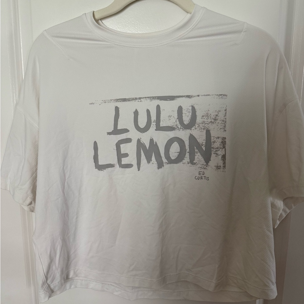 lululemon athletica White Graphic Crop Tee with Gray Logo